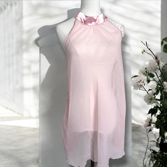 Y2K Elegant Pink Halter Dress Slip Mini Sheer Lingerie coquette Fairycore S\M - Picture 1 of 6
